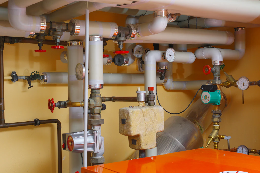 Instalación de cañerías con válvulas en una sala técnica