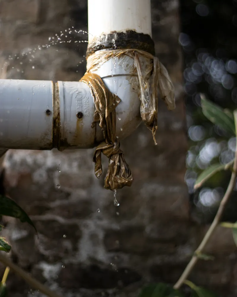 Caño plástico exterior con una pérdida de agua visible en una unión