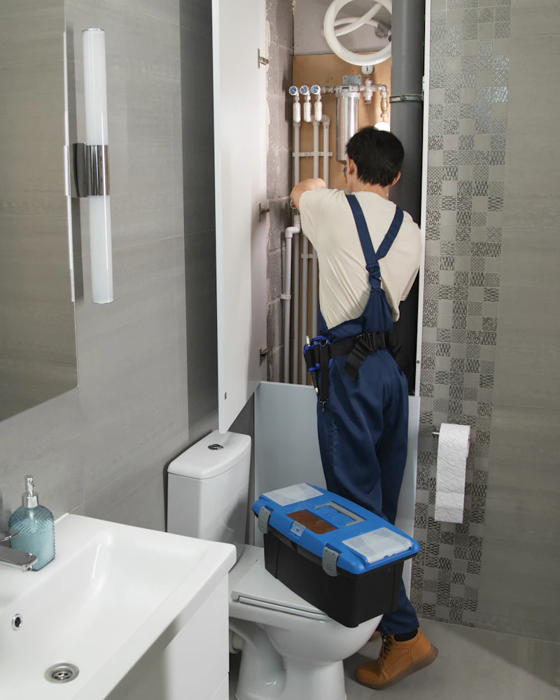 Plomero con mameluco azul trabajando en las cañerías de un baño